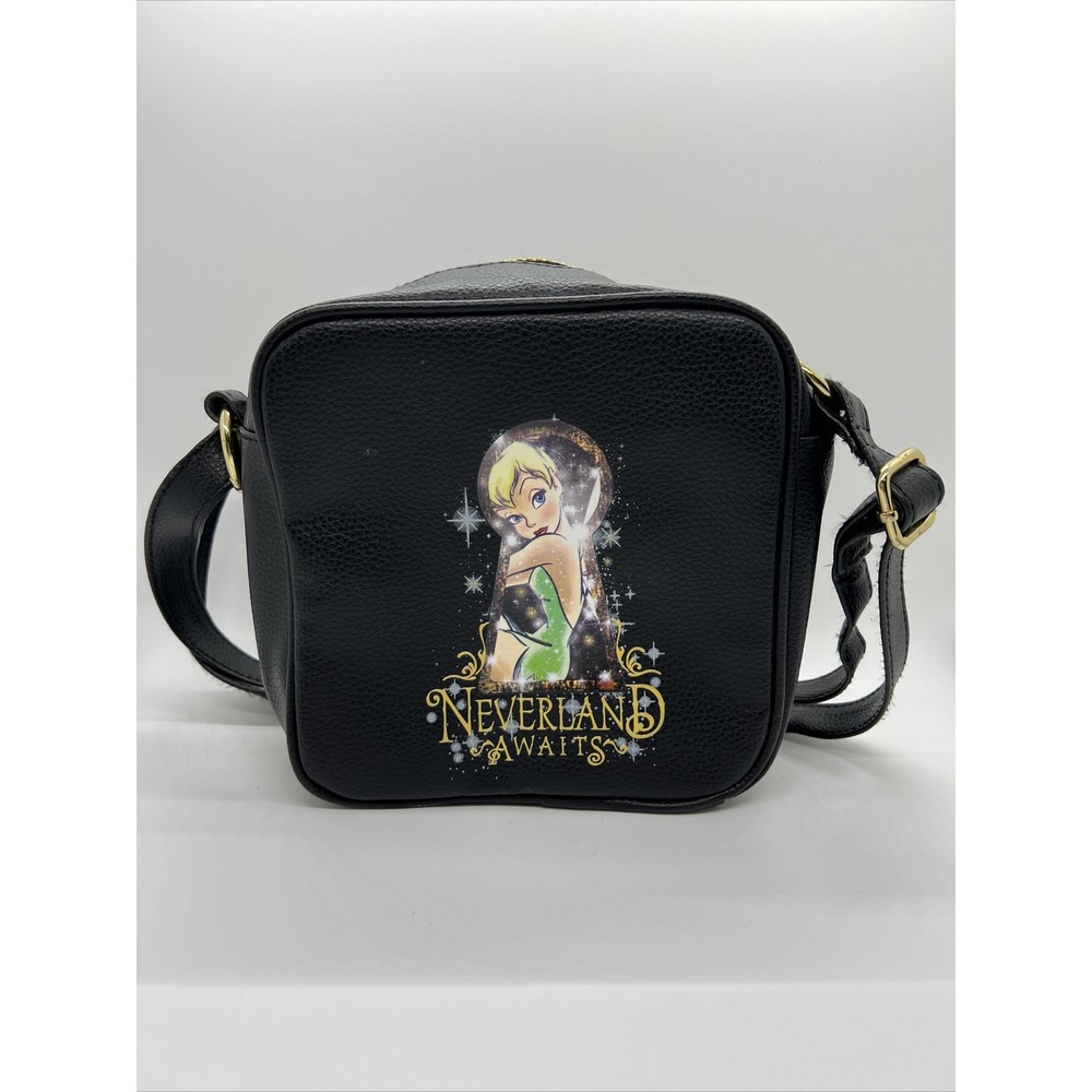 Disney Parks Ticker Bell Neverland Awaits Crossbody Bag Black Faux Leather Purse